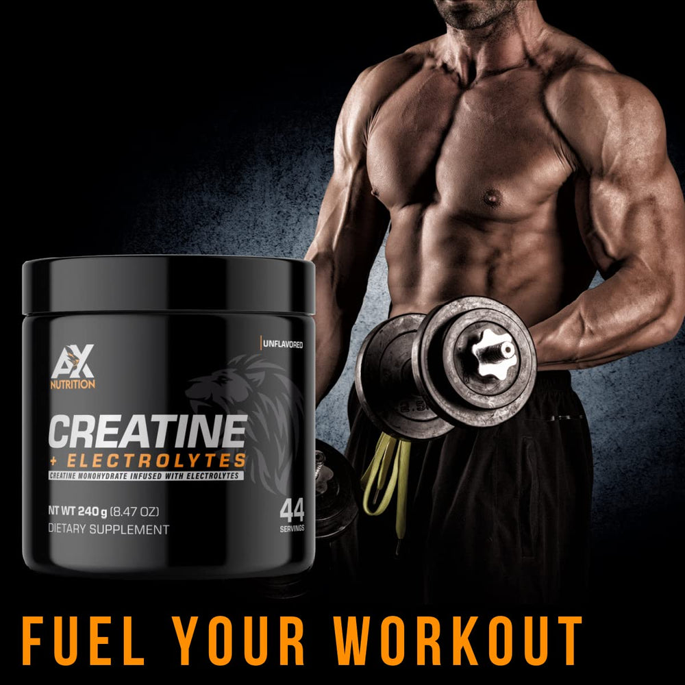AX Nutrition Creatine Electrolytes powder texture highlights high purity and fast mixing for workouts.