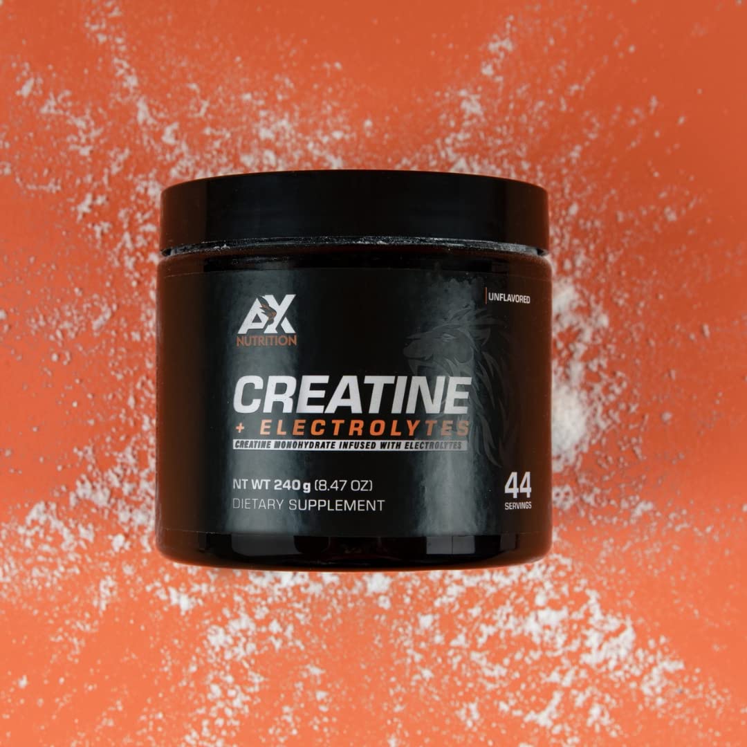AX Nutrition Creatine Electrolytes scoop dispensing image shows easy serving for energy during training.