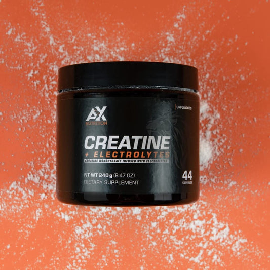 AX Nutrition Creatine Electrolytes scoop dispensing image shows easy serving for energy during training.