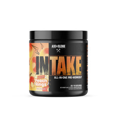 Axe and Sledge Intake canister with Sour Peach Rings delivering long-lasting workout energy.