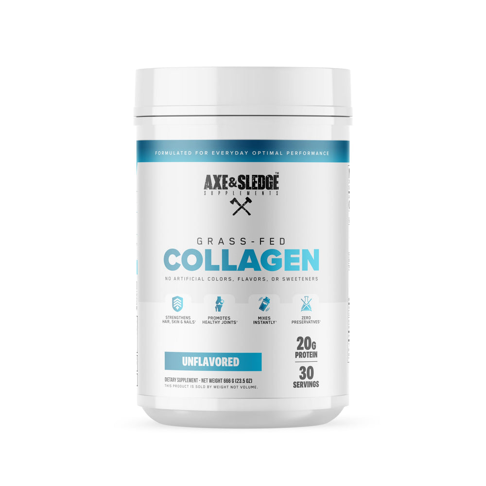 Axe & Sledge collagen powder jar promotes skin, hair, and nails.