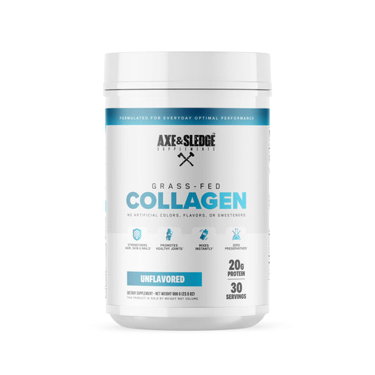 Axe & Sledge collagen powder jar promotes skin, hair, and nails.