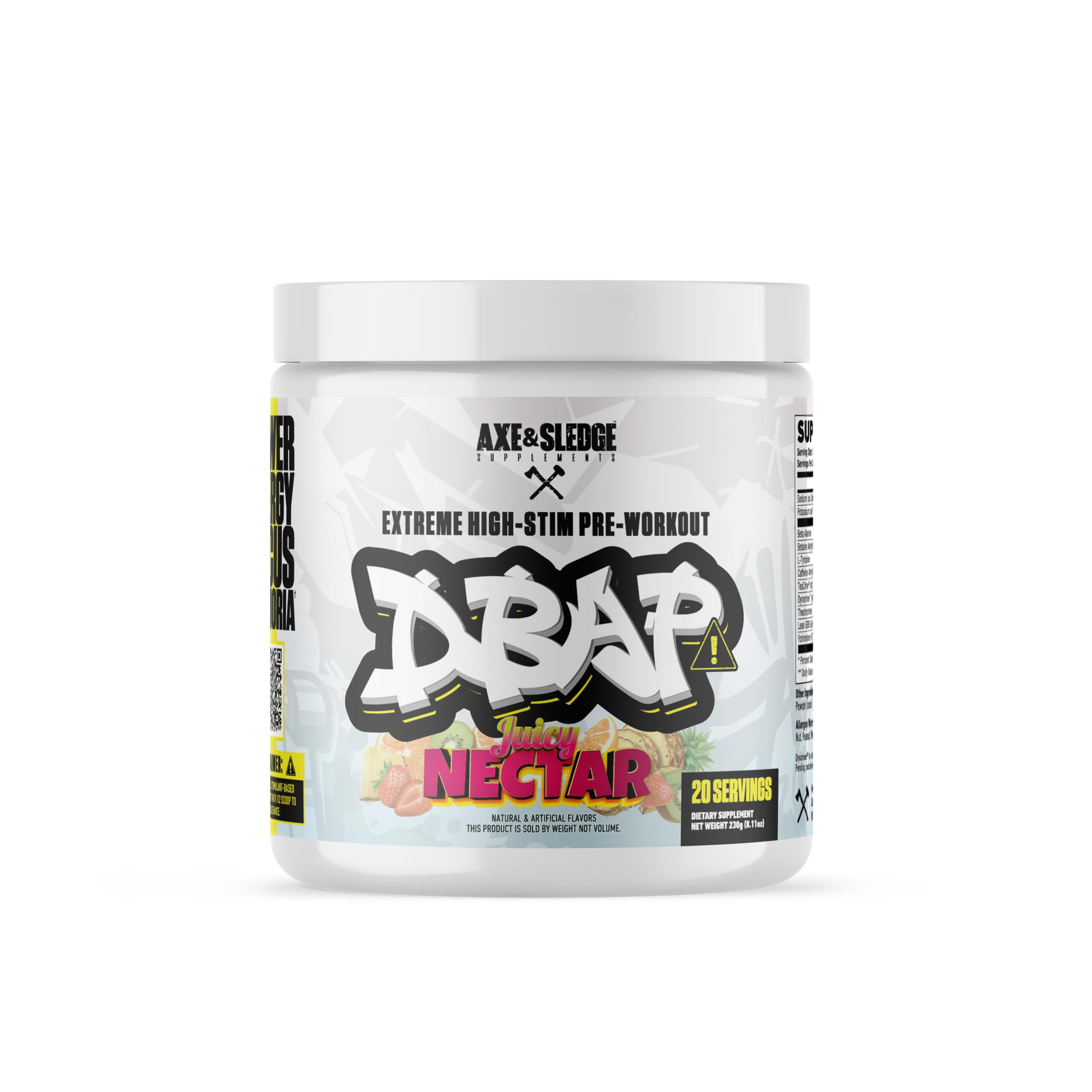 DBAP Extreme High Stim pre-workout tub in Juicy Nectar flavor boosts workout energy.
