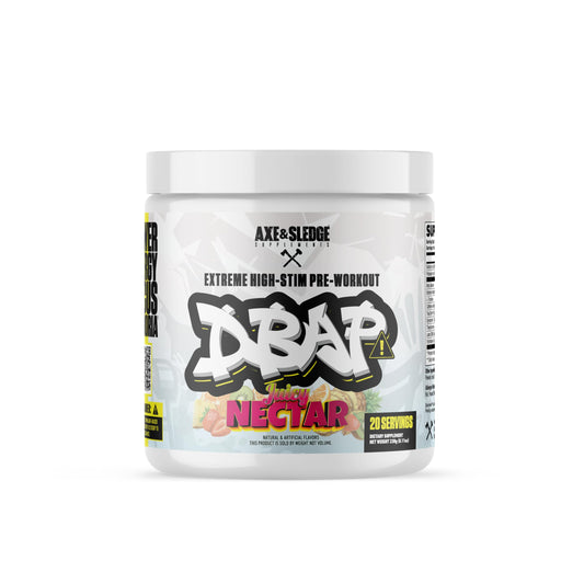 DBAP Extreme High Stim pre-workout tub in Juicy Nectar flavor boosts workout energy.