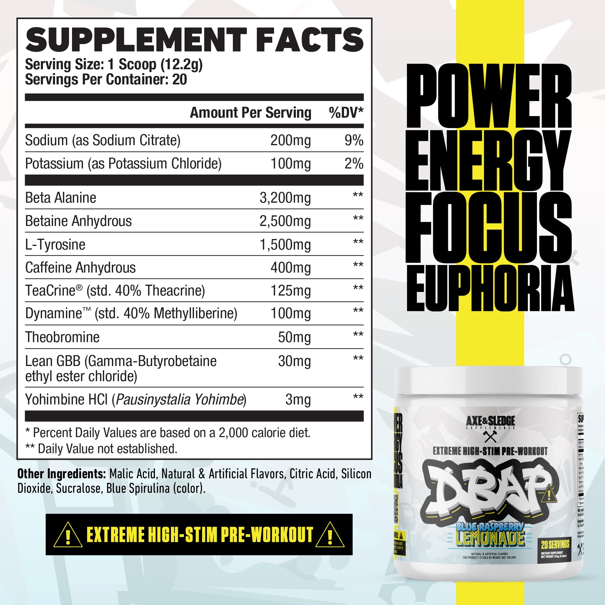 DBAP powder scoop showing serving size and quick mixing for workouts.
