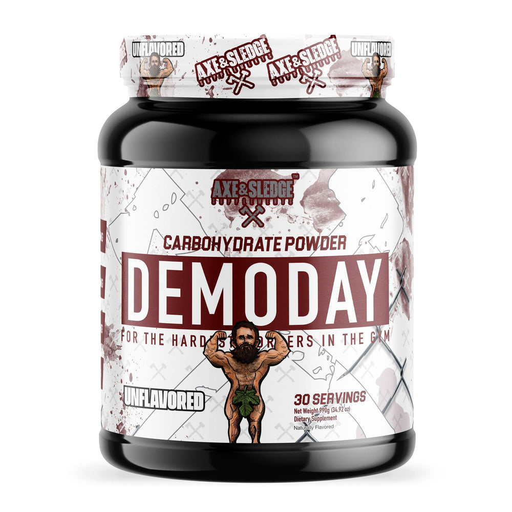 Axe & Sledge Demo Day bottle close-up emphasizing intra-workout energy support.