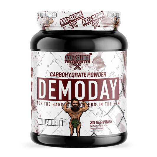 Axe & Sledge Demo Day bottle close-up emphasizing intra-workout energy support.