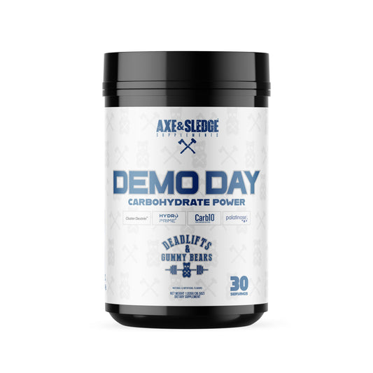 Axe & Sledge Demo Day carb powder bottle for steady workout energy.