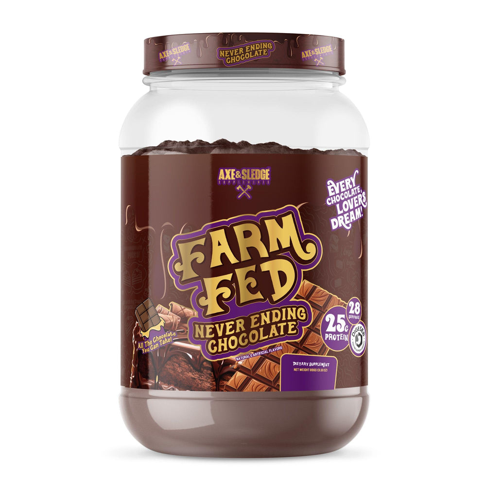 Axe & Sledge Farm Fed whey protein bottle for post-workout recovery.