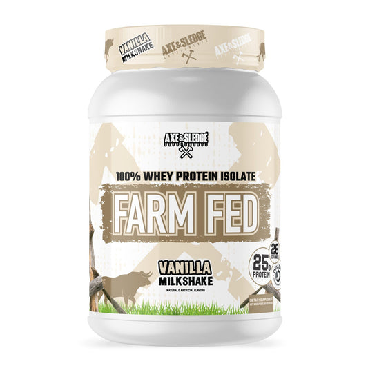 Axe & Sledge Farm Fed whey bottle signals pure protein for lean muscle support.