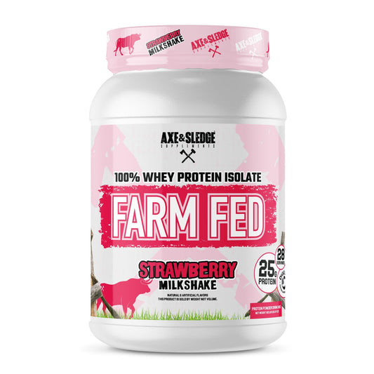 Axe & Sledge Farm Fed whey container shows 25g protein per serving for muscle support