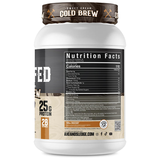 Axe Sledge Farm Fed whey isolate scoop highlights 25 g protein per serving