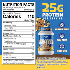 Farm Fed nutrition panel on tub showing low carbs and high protein per serving