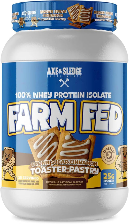 Axe & Sledge Farm Fed whey isolate tub in Brown Sugar Cinnamon for lean muscle support