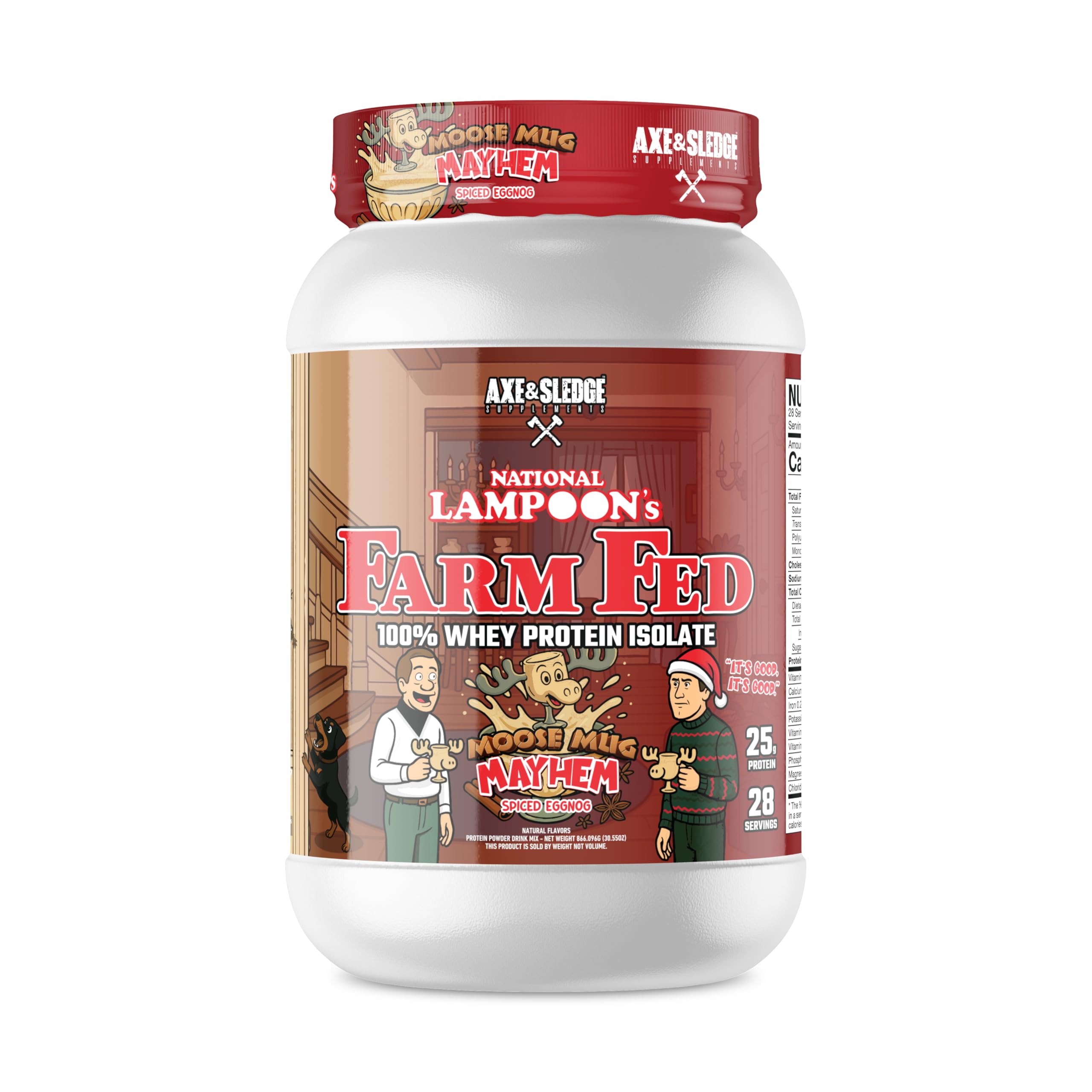 Axe & Sledge Farm Fed whey tub front view highlighting 25g protein per serving.