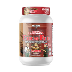 Axe & Sledge Farm Fed whey tub front view highlighting 25g protein per serving.