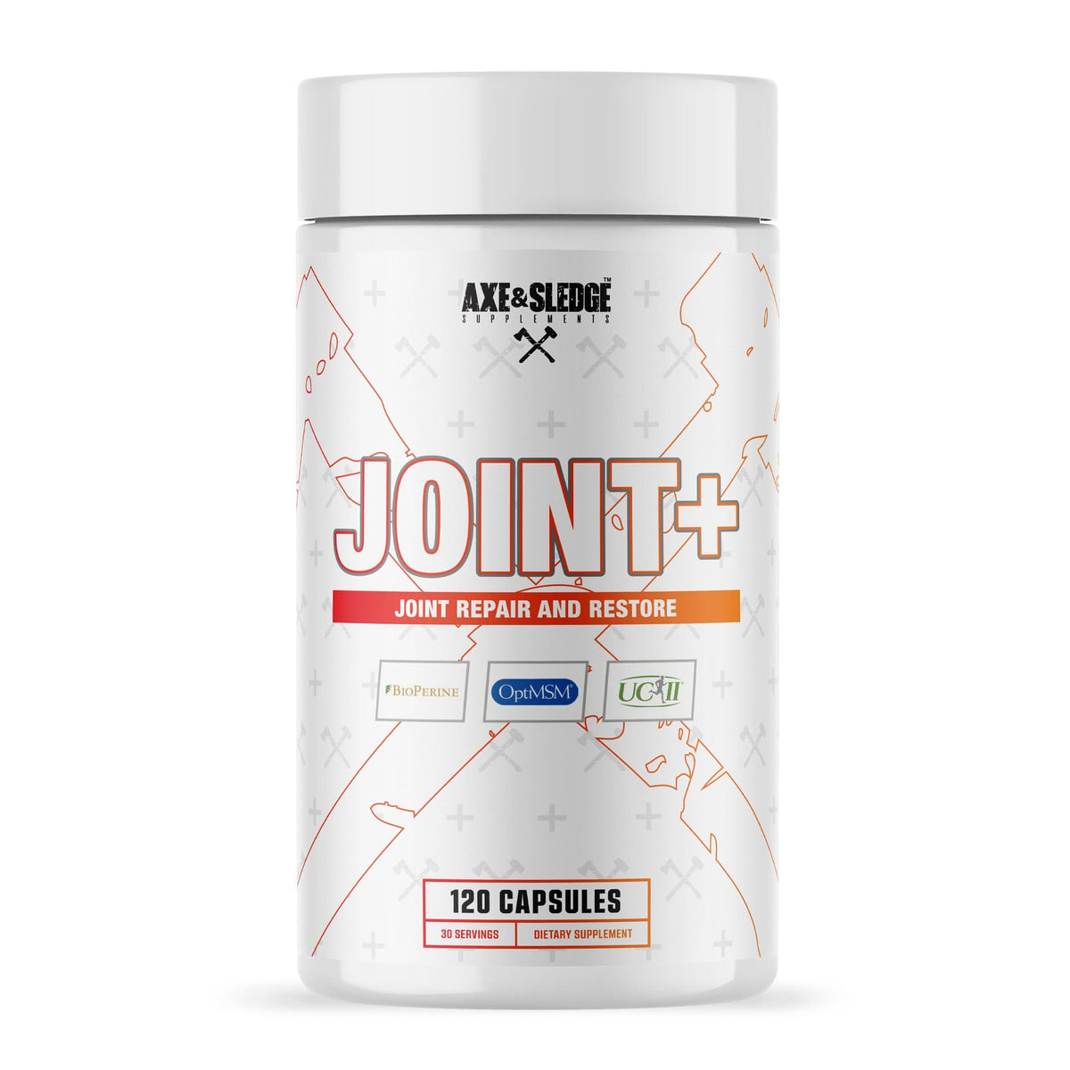 Axe & Sledge Joint+ bottle label showing joint health formula for active individuals.
