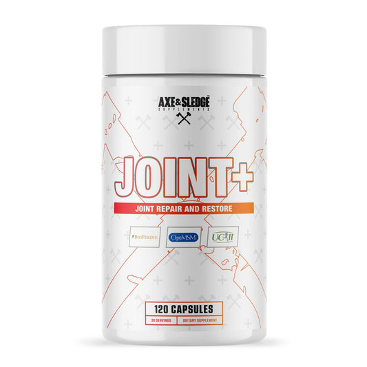 Axe & Sledge Joint+ bottle label showing joint health formula for active individuals.