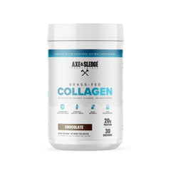 Axe & Sledge collagen powder in chocolate tub supports skin and nails when added to drinks.
