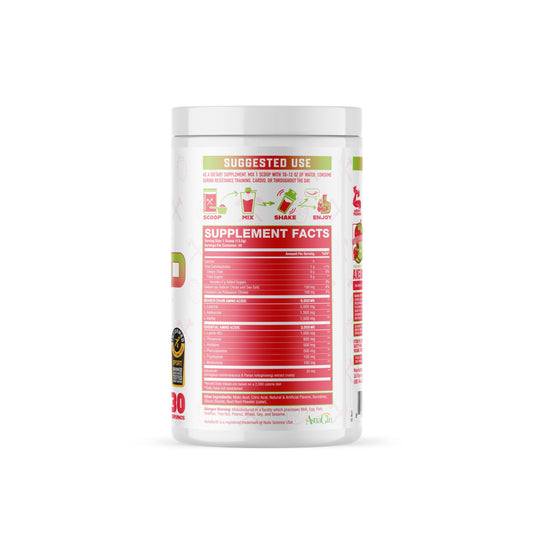 Close-up of The Grind label showing amino acids and electrolytes for recovery.