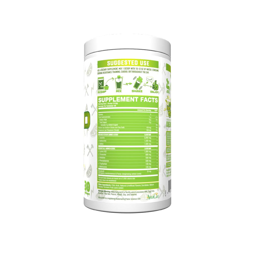 Axe & Sledge The Grind scoop in glass showing hydration with electrolytes and stimulant-free formula.