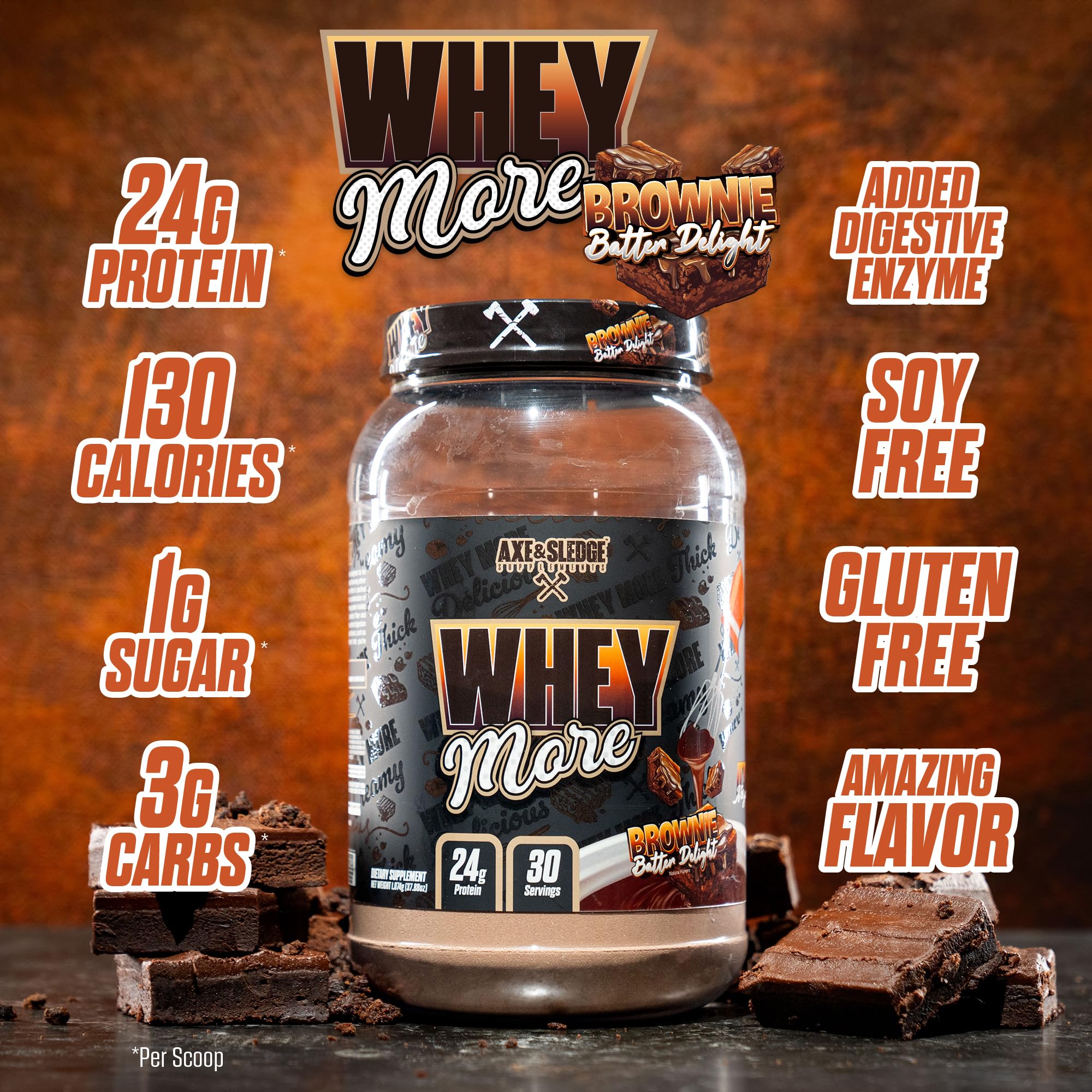 Creamy WHEY MORE shake in a glass shows thick texture and brownie flavor.