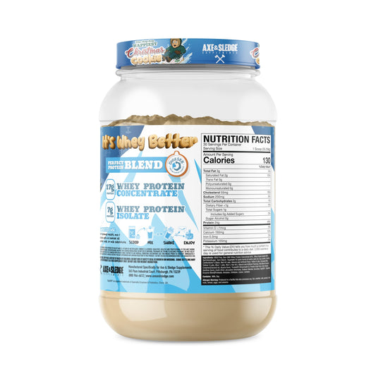 Axe & Sledge WHEY MORE powder bag highlights convenient meal replacement and versatile recipes.