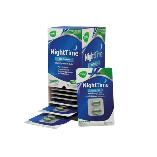 AXIV Nighttime Relief softgels pack front for overnight relief.