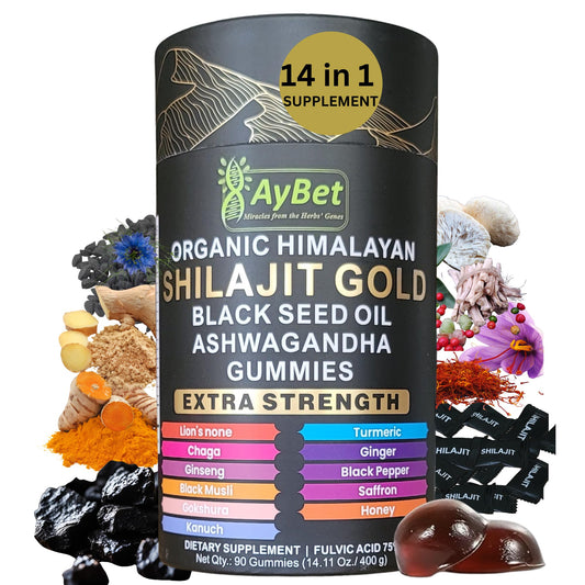 AyBet Shilajit Gold Gummies bottle supports energy and daily wellness.