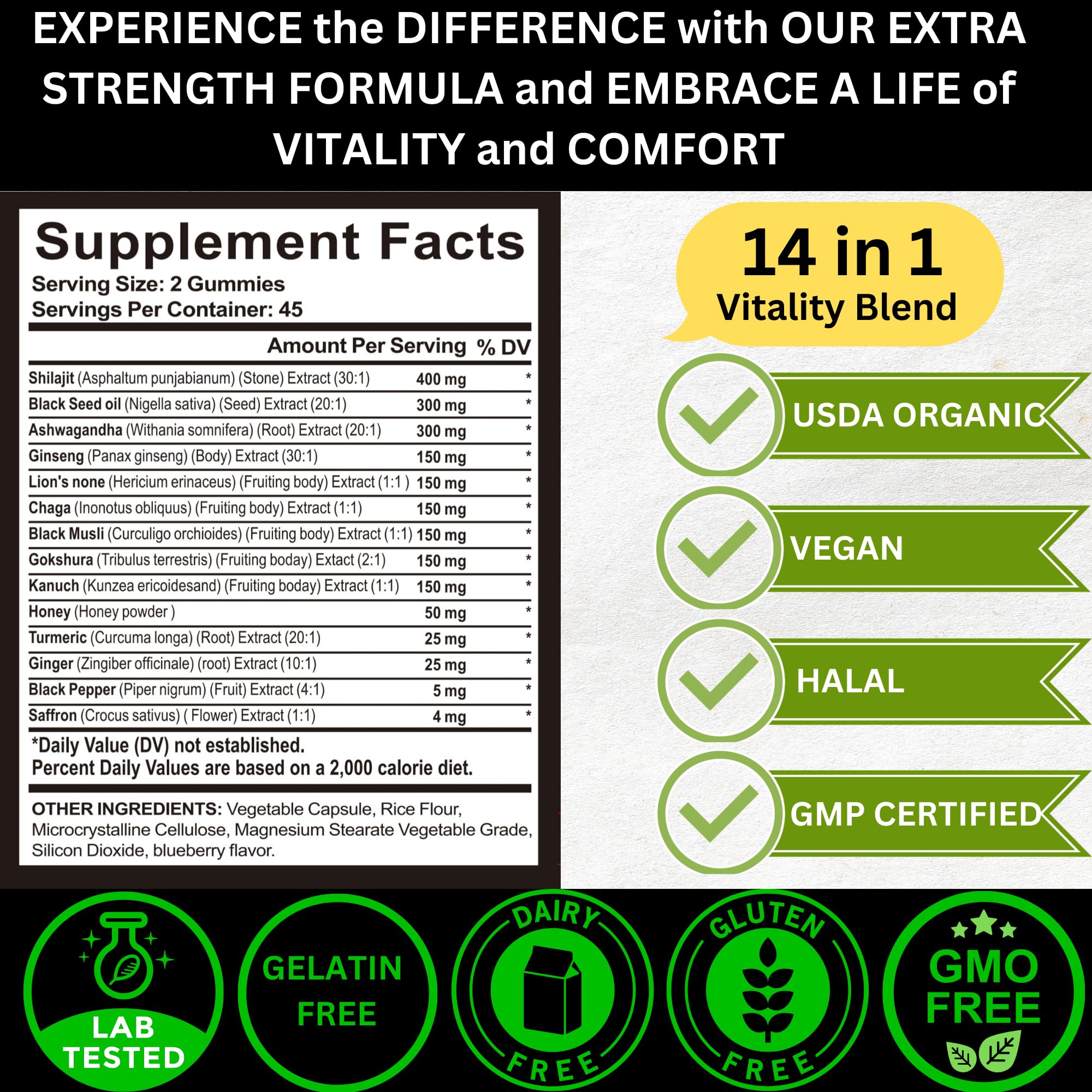 AyBet Shilajit Gold Gummies ingredient panel highlights minerals and herbs.