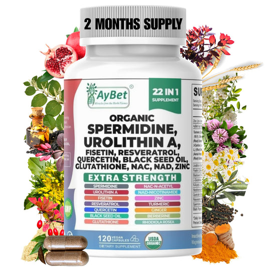 AyBet Spermidine Urolithin A bottle showcases organic formula for daily vitality.