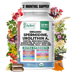 AyBet Spermidine Urolithin A bottle showcases organic formula for daily vitality.