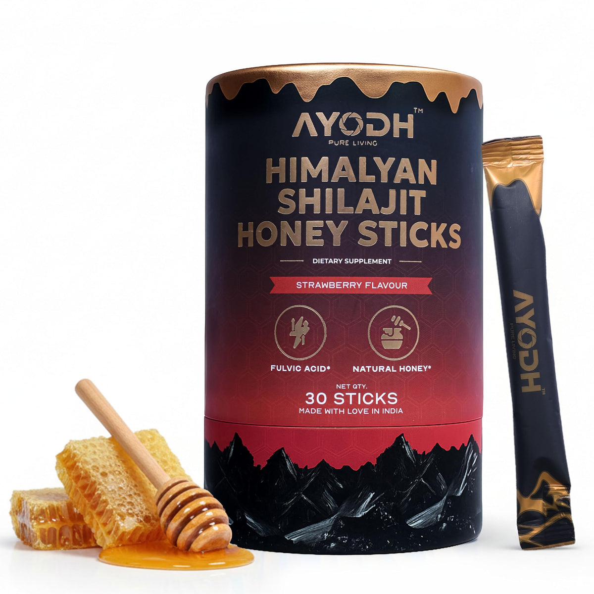 AYODH Himalayan Shilajit Honey Stick strawberry close-up for natural sweetness and on-the-go energy.