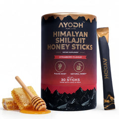 AYODH Himalayan Shilajit Honey Stick strawberry close-up for natural sweetness and on-the-go energy.