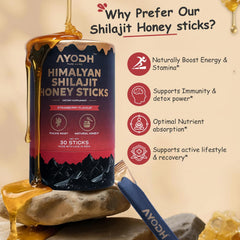 AYODH Himalayan Shilajit Honey Stick in tea image suggests versatile beverage mix.