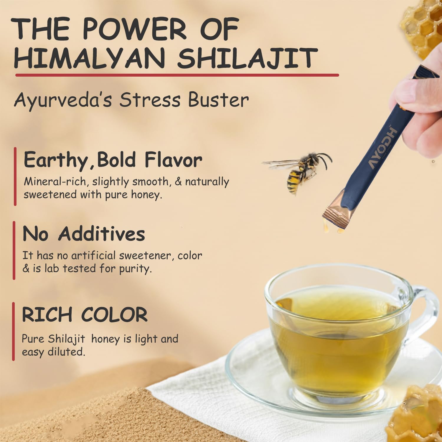 AYODH honey stick torn-open packaging demonstrates easy mixing into drinks.