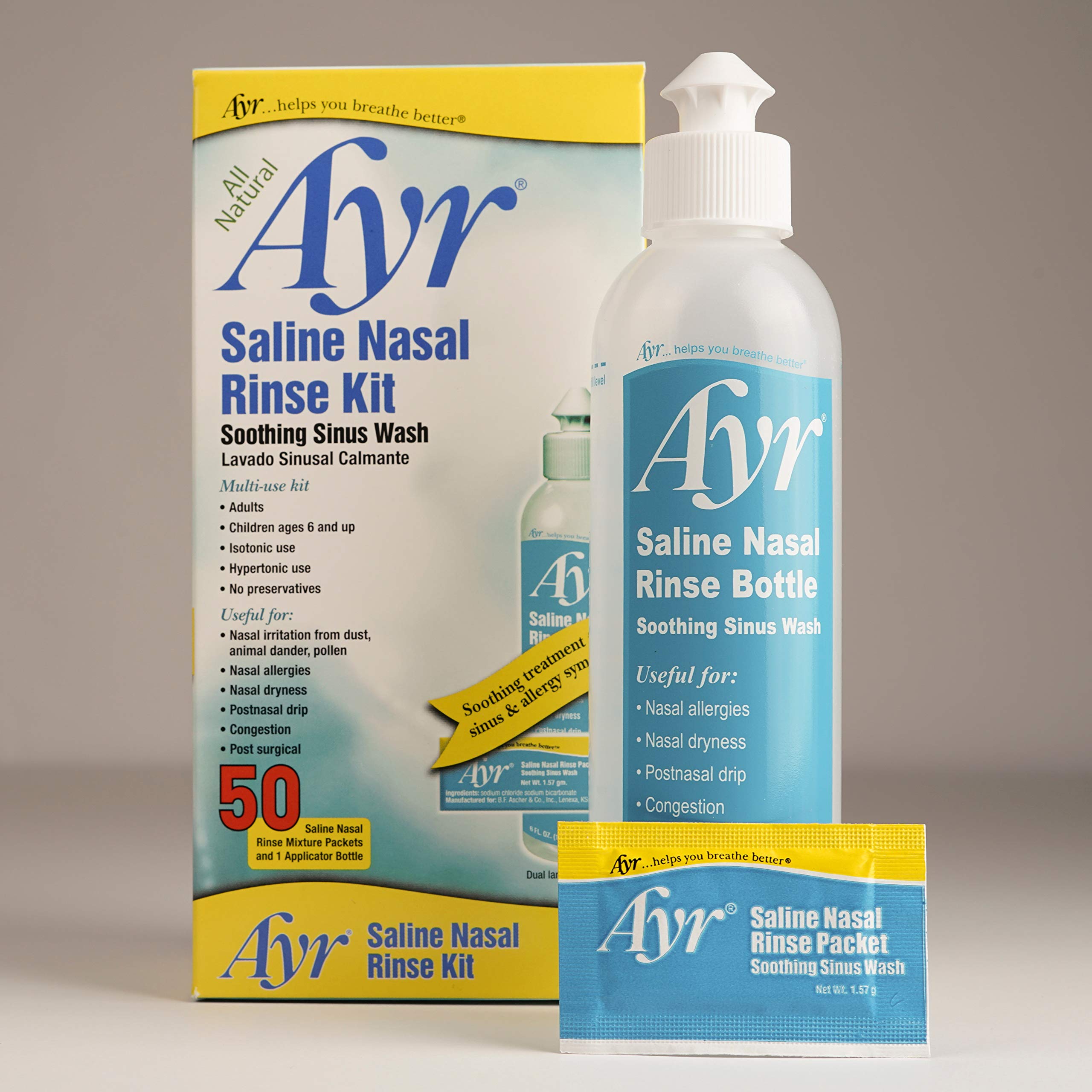 AYR isotonic salt packets for comfortable nasal irrigation