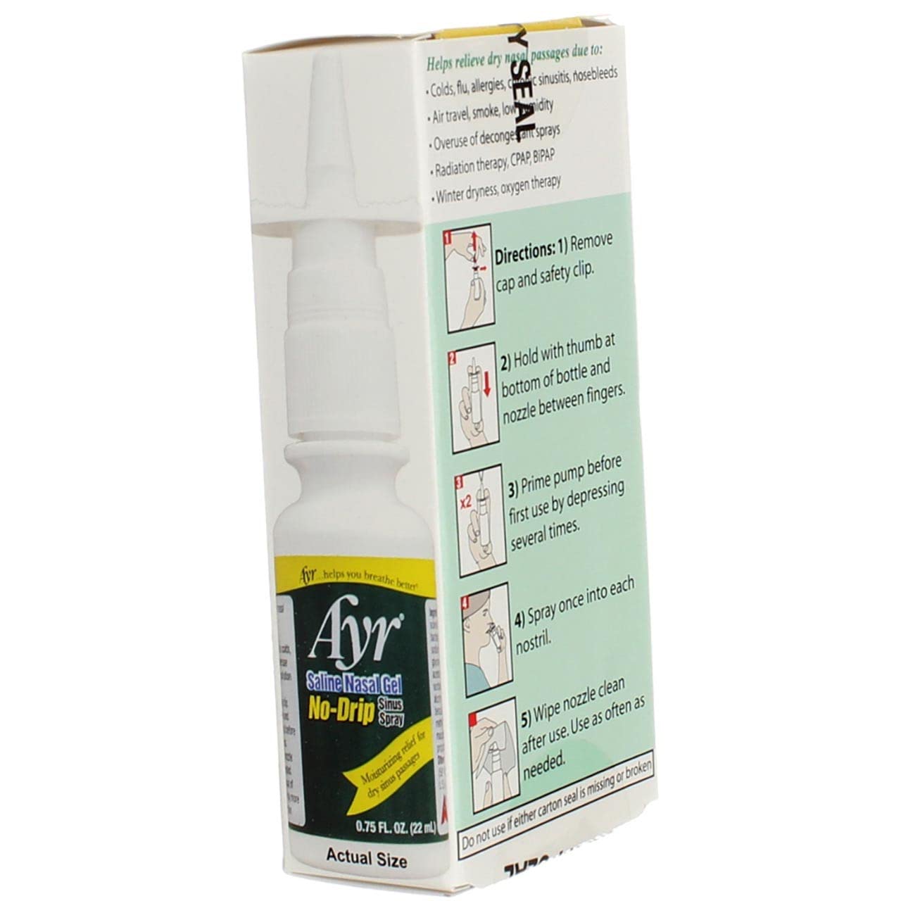 AYR Saline Nasal Gel No-Drip Spray pack showcasing value and convenience.