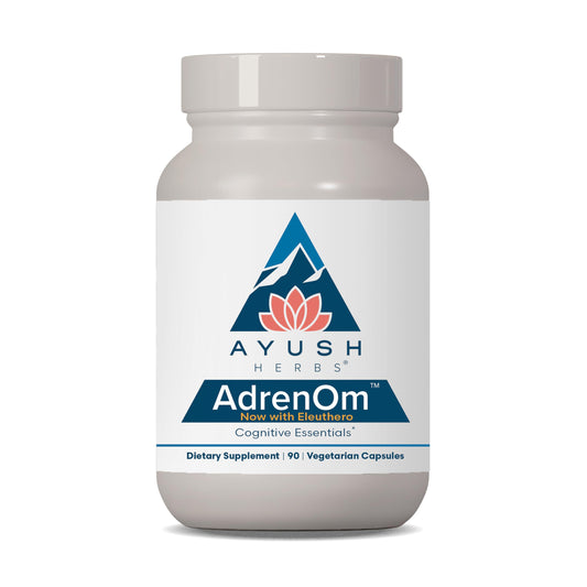 Ayush Herbs AdrenOm bottle front displaying premium adrenal support packaging