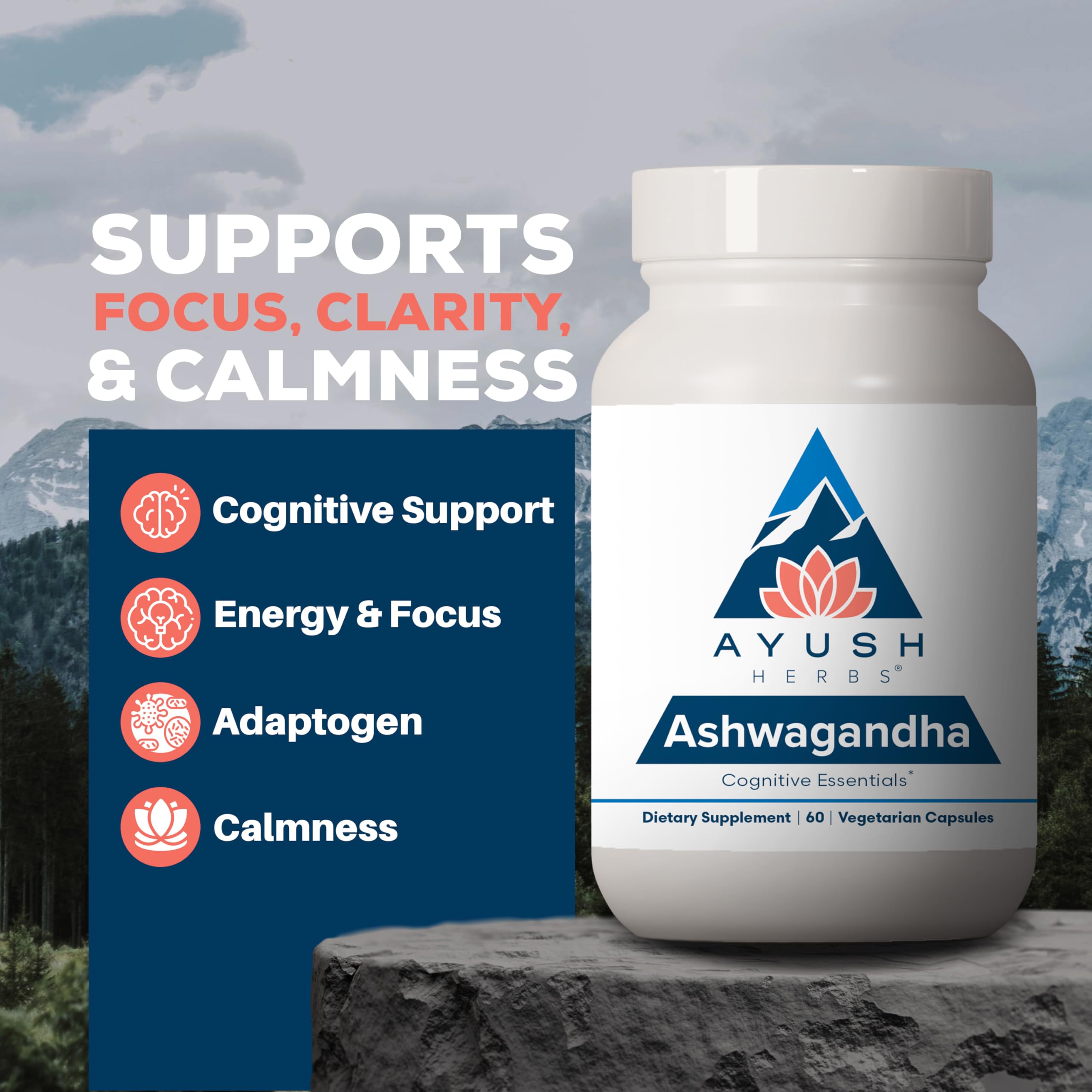 Ayush Herbs Ashwagandha Capsules label closeup shows purity and Himalayan sourcing