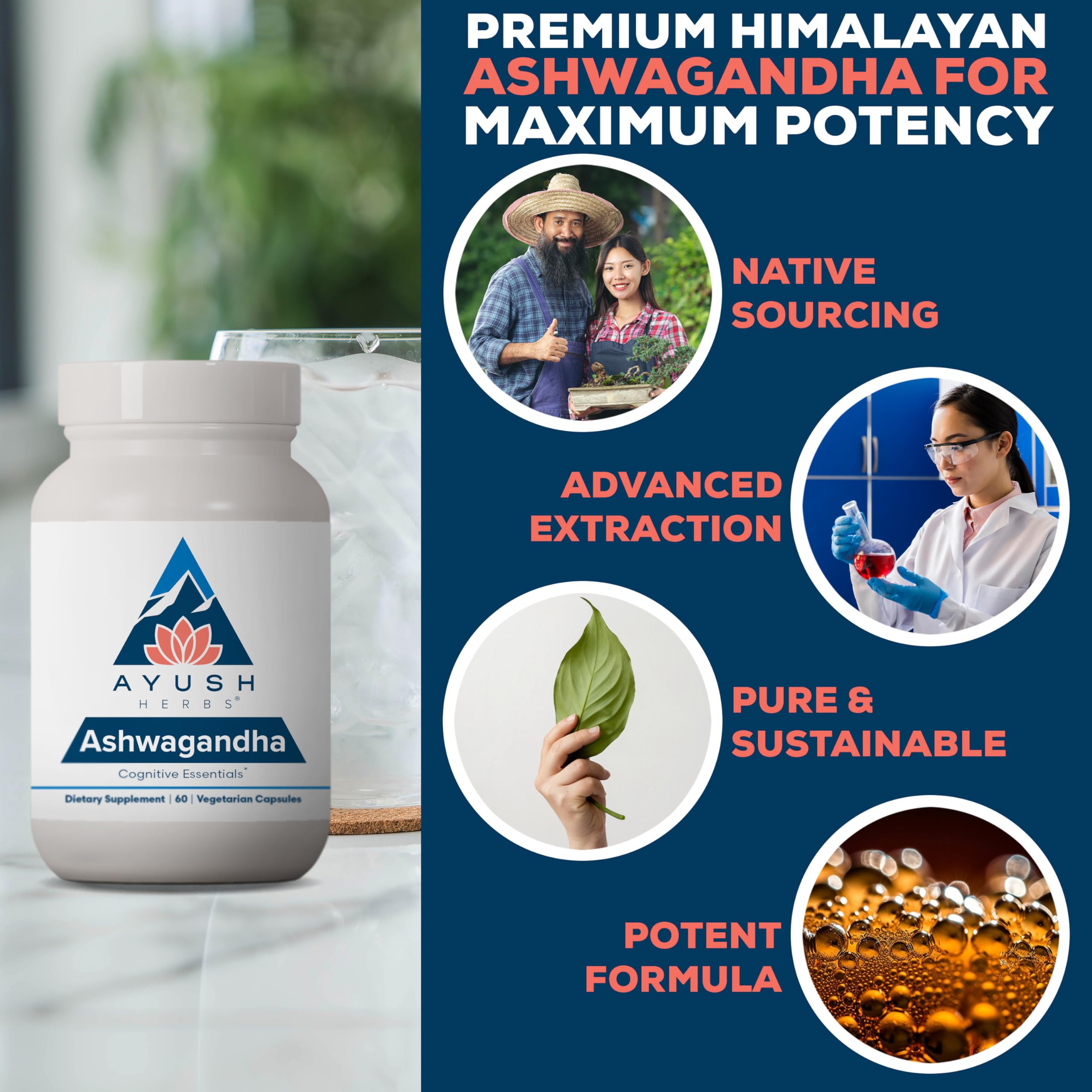 Ayush Herbs Ashwagandha Capsules packaging emphasizes vegetarian caplets and potency