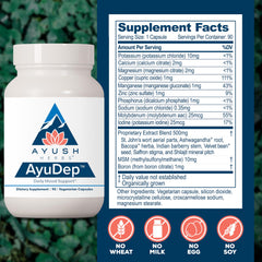 Ayush Herbs AyuDep bottle label closeup showcases a natural herbal formula