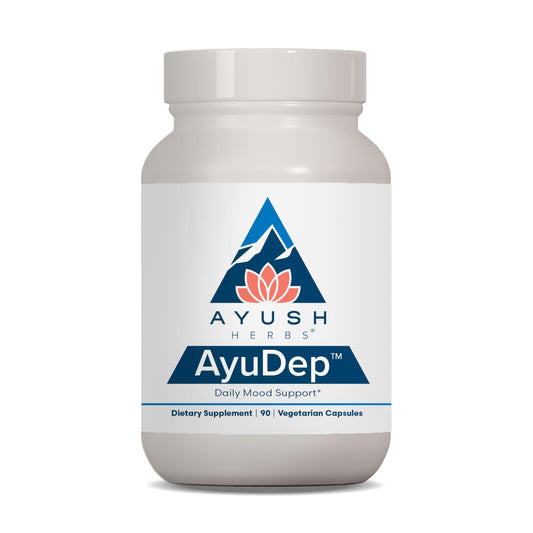 Ayush Herbs AyuDep saffron-ashwagandha bottle front promotes calm focus