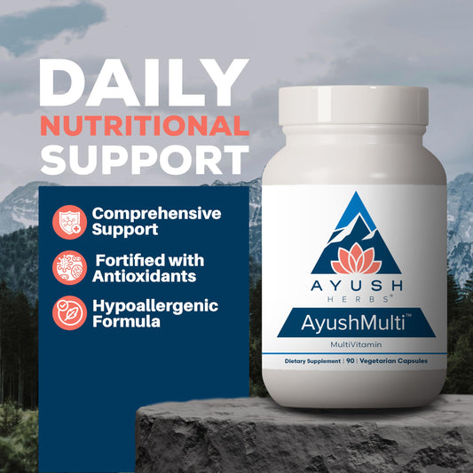 Ayush Multi capsules on a glass bottle highlight essential vitamins for adults.