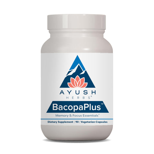 Ayush Herbs BacopaPlus bottle with capsules for focus support and memory support