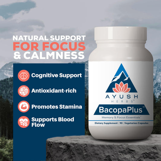 Ayush Herbs BacopaPlus capsules closeup showing texture for cognitive clarity