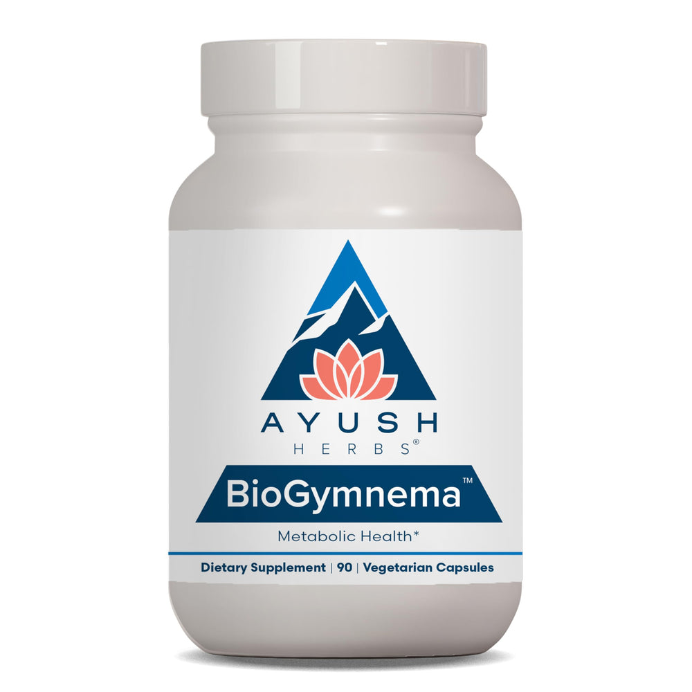 Ayush Herbs BioGymnema bottle label with product name suggesting metabolic support.