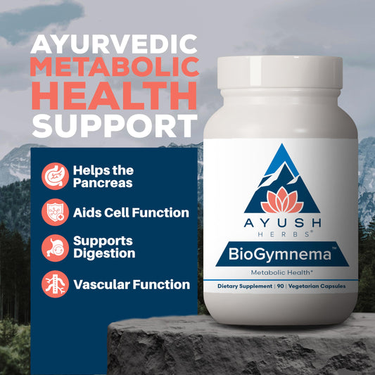Ayush Herbs BioGymnema capsules closeup indicates easy daily use.