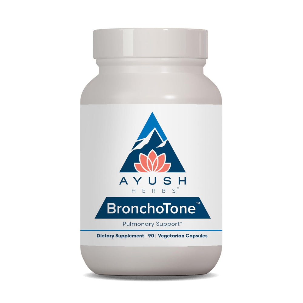 Ayush Herbs Bronchotone bottle supports respiratory comfort with capsules.
