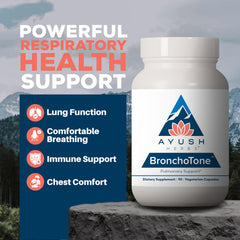Ayush Herbs Bronchotone capsules close-up for daily bronchial support.